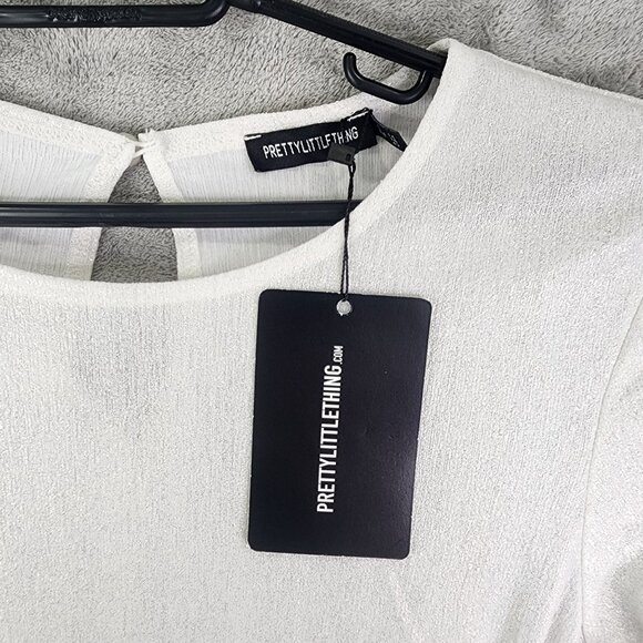 Women's White & Gold Pretty Little Thing Long Sleeve Ruched Bodycon Dress 10 - Picture 8 of 15